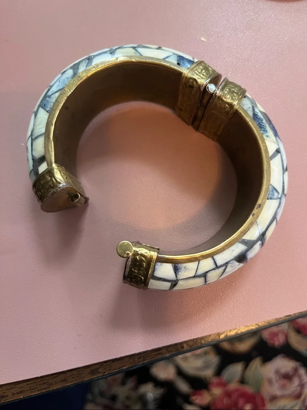 Gold-Tone and Ivory Mosaic Hinged Indian Bangle Bracelet